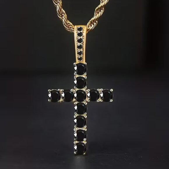 22" Womens 2ct Black Onyx 14K Gold Braided Rope Chain Cross Pendant Necklace NEW - Picture 2 of 7